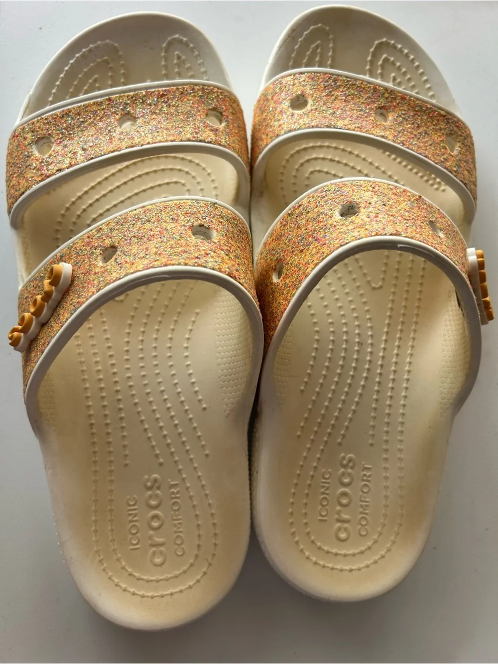 CROCS Cream Slide Sandals with Multicolor Glitter Straps - Picture 1 of 4